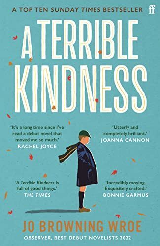 The front cover of A Terrible Kindness. A blue background, with a drawing of a young schoolboy facing to the right, his scarf blowing in the wind behind him. Autumn leaves are dotted around the cover.