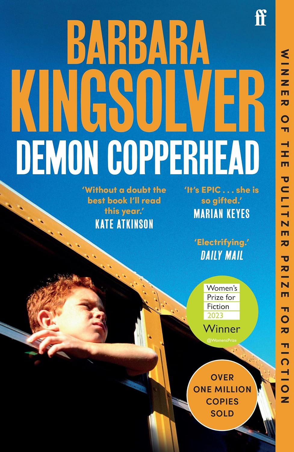 The front cover of Demon Copperhead. A young boy with ginger hair is looking out of a steel structure and squinting at the sun. The blue sky is above, with the book's title and author.