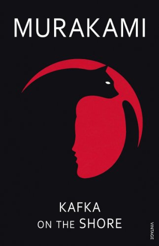 The front cover of Kafka on the shore. A black background, with the author's name at the top and title at the bottom, both in white. In the middle is a red circle with the black silhouette of a cat inside it, with a white eye.