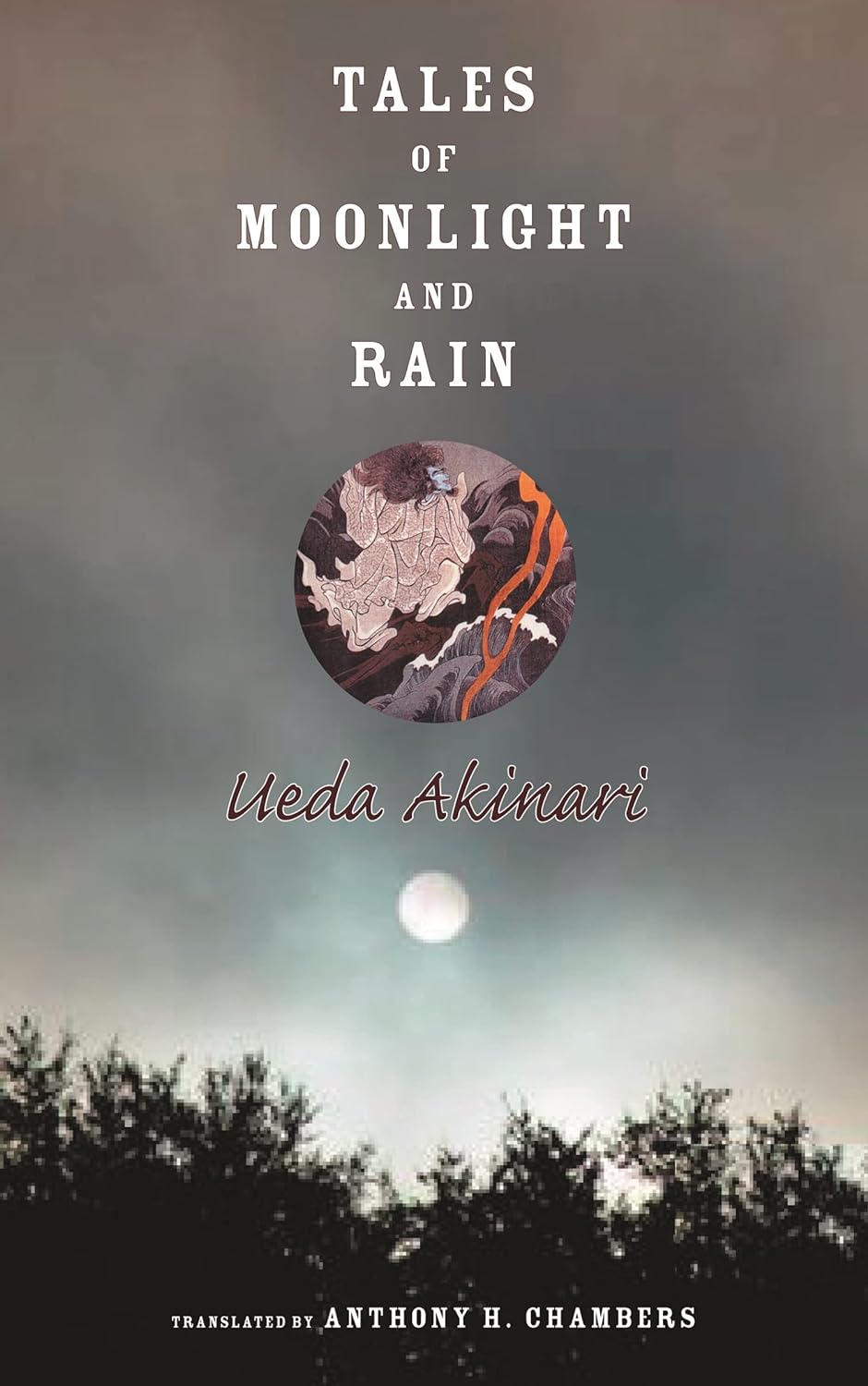 The front cover of Tales of Moonlight and Rain. The background is a grey cloudy sky with the full moon visible just above the tops of trees.