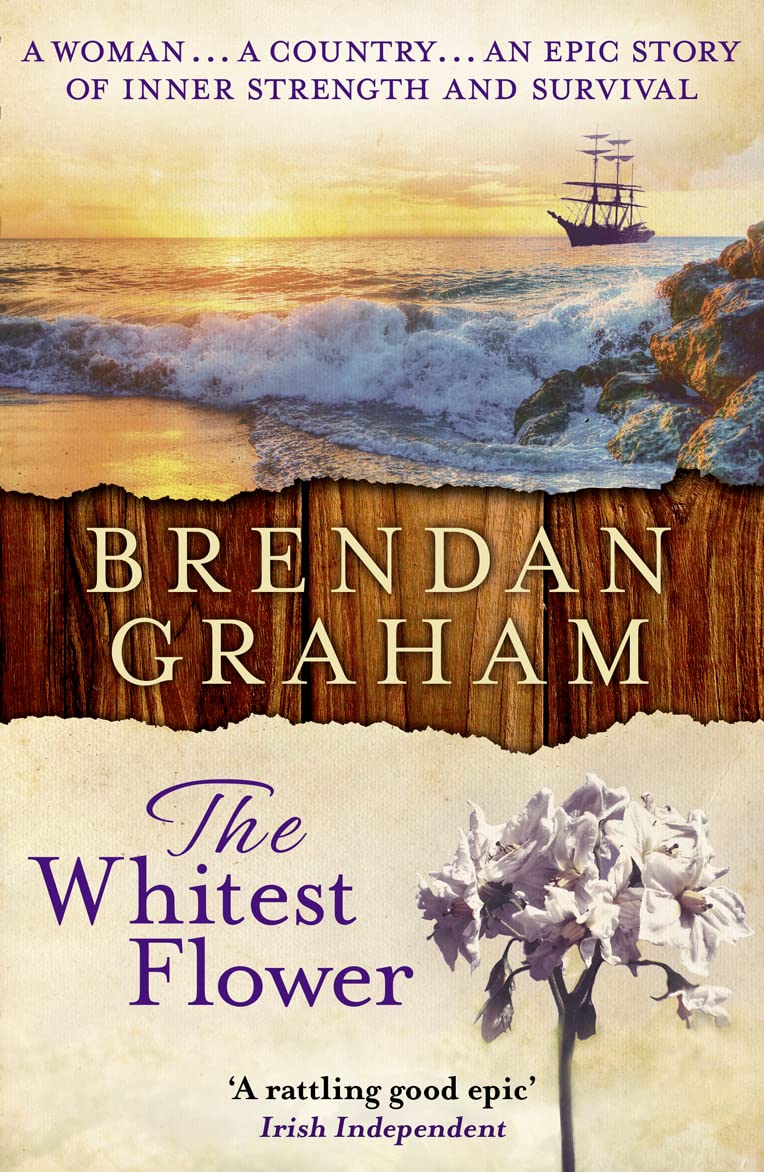 The front cover of The Whitest Flower. The design is a canvas pulled apart into two, with wooden planks in the middle. The top part of the canvas as an image of a ship near the coast at sunset, and the bottom half has a plant with white petals.
